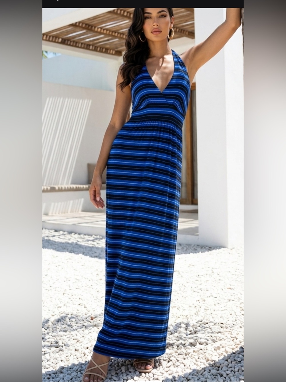Women’s Maxi Dress blue & black stripe sundress V-neck tank dress NWOT XS